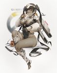  armored banana bangs black_hair blush boots breasts character_name copyright_name covered_nipples eating food fruit gauntlets genderswap genderswap_(mtf) glasses hong jetpack knee_boots large_breasts long_hair looking_at_viewer overwatch peanut personification sitting solo swept_bangs thighs twintails very_long_hair winston_(overwatch) 