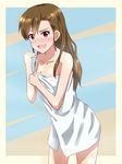 breasts brown_eyes brown_hair cleavage collarbone futami_mami idolmaster idolmaster_(classic) lieass long_hair looking_at_viewer naked_towel open_mouth small_breasts solo towel 