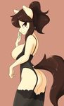  2016 anthro areola beauty_mark big_breasts breasts brown_eyes brown_hair butt clothed clothing cookie_(oc) earth_pony equine fan_character female hair half-closed_eyes hi_res horse legwear lingerie long_hair mammal my_little_pony nipples pony ponytail simple_background skecchiart smile solo stockings 