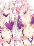  alternate_costume bare_shoulders blush braid breasts cleavage collar collarbone cosplay demon_girl demon_horns detached_sleeves embarrassed fate/grand_order fate_(series) hair_between_eyes hair_over_one_eye half-closed_eyes halloween_princess_(fate/grand_order) horns irisviel_von_einzbern irisviel_von_einzbern_(cosplay) large_breasts long_hair looking_at_another looking_at_viewer lying mash_kyrielight matching_outfit multiple_girls navel navel_cutout olga_marie_animusphere on_back open_mouth pink_hair purple_eyes revealing_clothes revision sabujiroko short_hair silver_hair stomach succubus thighhighs 