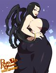  agawa_ryou backless_dress backless_outfit black_dress black_hair bracelet breasts curvy dress huge_breasts jewelry long_hair looking_at_viewer monster_girl original parted_lips red_eyes smile solo spider_legs thick_thighs thighs wide_hips 