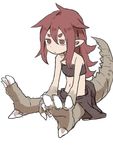  absurdres between_legs brown_eyes brown_hair claws commentary eyebrows full_body fur hand_between_legs highres lizard_girl lizard_tail navel pointy_ears simple_background skirt solo tail tail_raised white_background yamamoto_souichirou 