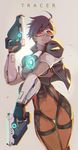  bad_id bad_pixiv_id black_hair bodysuit brown_hair character_name cowboy_shot dual_wielding goggles grey_background gun highres holding jacket looking_at_viewer open_clothes open_jacket orange_bodysuit overwatch reroi revision short_hair smile solo sunglasses tracer_(overwatch) weapon 
