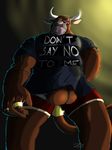  animal_genitalia anthro balls biceps bovine bulge cattle clothing cum english_text eyebrow_piercing facial_hair facial_piercing hairy horn looking_at_viewer male mammal nipples nose_piercing orgasm pants pecs piercing pose precum red_eyes ring shirt simple_background solo standing text white_horn 