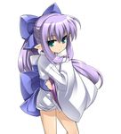  bangs blue_bow bow clenched_hands green_eyes hair_between_eyes hair_bow hisame_(shinrabanshou) japanese_clothes katami_shinta kimono long_hair long_sleeves looking_at_viewer pointy_ears ponytail purple_hair sash shinrabanshou short_kimono simple_background solo very_long_hair white_background 