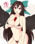 :o ? areola_slip areolae bad_id bad_pixiv_id bikini bird_wings blush bow breast_suppress breasts brown_hair collarbone commentary damao_yu deep_skin hair_bow highres hips large_bow large_breasts long_hair micro_bikini navel open_mouth red_eyes reiuji_utsuho solo swimsuit third_eye touhou unyu very_long_hair wings 