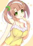  :o bare_shoulders blush breasts brown_hair camisole candy cleavage collarbone commentary_request food green_eyes groin hair_rings highres kageira large_breasts lollipop looking_at_viewer minori_(senran_kagura) navel open_mouth senran_kagura senran_kagura_shinovi_versus short_hair sleeveless solo twintails upper_body 