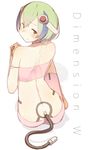  android ass back bangs bare_legs bare_shoulders barefoot blush copyright_name dimension_w embarrassed eyebrows eyebrows_visible_through_hair from_behind full_body fuu_fuu green_eyes green_hair hair_between_eyes headgear highres looking_at_viewer looking_back multicolored_hair shadow short_hair simple_background sitting solo tail tattoo two-tone_hair white_background yurizaki_mira 