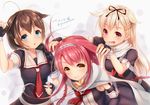  aqua_eyes blonde_hair braids brown_hair cape fang gloves kantai_collection kawakaze_(kancolle) long_hair pink_hair ponytail red_eyes scarf seifuku shigure_(kancolle) signed yellow_eyes youqiniang yuudachi_(kancolle) 