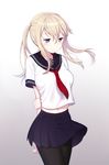  alternate_costume arms_behind_back bad_id bad_pixiv_id blonde_hair blush breasts cnm graf_zeppelin_(kantai_collection) kantai_collection long_hair medium_breasts pantyhose purple_eyes school_uniform serafuku solo twintails 