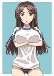  breast_hold breasts brown_eyes brown_hair buruma crossed_arms d: fukiyose_seiri gym_uniform highres jinrai_(owl12) large_breasts long_hair open_mouth parted_lips solo to_aru_majutsu_no_index 