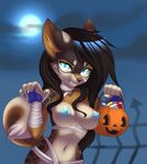  2016 anthro bandage basket black_hair candy canine claws cyan_eyes female food hair halloween holidays looking_at_viewer mammal sif solo 