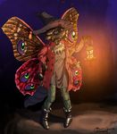  2016 4_arms abdomen abstract_background antennae anthro arthropod butterfly chirasul clothed clothing digital_media_(artwork) female fur green_eyes hair hat hi_res insect keys lantern lighting magic_user mandibles multi_arm multi_limb signature solo standing wings witch witch_hat 