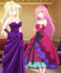  bare_shoulders blonde_hair blue_eyes blush bow breasts claudia_enfield cleavage dress gakusen_toshi_asterisk julis-alexia_von_riessfeld large_breasts long_hair looking_at_viewer multiple_girls pink_hair purple_eyes screencap smile standing stitched 