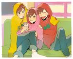  bad_id bad_pixiv_id brothers brown_hair cellphone couch hood hoodie male_focus masc_(68mb) matsuno_juushimatsu matsuno_osomatsu matsuno_todomatsu multiple_boys osomatsu-kun osomatsu-san phone siblings signature sitting smartphone smile socks window 