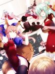  6+girls :d ahoge altera_(fate) animal_ears aqua_hair artoria_pendragon_(all) bamboo_steamer bangs black_hair black_legwear blonde_hair blue_eyes blunt_bangs bowl braid breasts chalkboard china_dress chinese_clothes covered_navel cup dark_skin double_bun dress fate/extra fate/grand_order fate/stay_night fate_(series) fox_ears fox_tail frankenstein&#039;s_monster_(fate) hair_between_eyes heterochromia horn horns kicking long_hair multiple_girls open_mouth pink_hair red_eyes saber short_hair smile tail tamamo_(fate)_(all) tamamo_no_mae_(fate) teapot thighhighs tray twintails veil vilor white_background yellow_eyes 