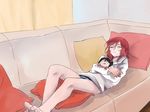  barefoot character_doll closed_eyes couch hood hoodie long_sleeves love_live! love_live!_school_idol_project lying merchandise nesoberi nishikino_maki no_pants noel_(pixiv5459099) on_back panties pillow red_hair sleeping smile solo striped striped_panties stuffed_toy underwear yazawa_nico 