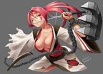  amputee baiken breasts chain claw_(weapon) claws collarbone facial_mark facial_tattoo glint grey_background guilty_gear holding holding_sword holding_weapon japanese_clothes katana kimono large_breasts left-handed long_sleeves looking_up mouth_hold one-eyed one_eye_closed pink_hair red_eyes sash scar scar_across_eye sheath simple_background solo sword tattoo torn_clothes torn_sleeves weapon white_kimono wide_sleeves zaki_(narashigeo) 