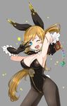  ;d armpits arms_up black_gloves black_legwear blue_eyes blush breasts brown_hair bunnysuit clarisse_(granblue_fantasy) cleavage detached_collar fang gloves granblue_fantasy grey_background highres holding large_breasts long_hair looking_at_viewer one_eye_closed open_mouth pantyhose ponytail simple_background smile solo v v_over_eye zaxwu 