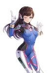  ;) bodysuit breasts brown_eyes brown_hair d.va_(overwatch) eyebrows eyebrows_visible_through_hair facial_mark gloves headphones highres kim_eb long_hair looking_at_viewer medium_breasts one_eye_closed overwatch pointing pointing_up simple_background skin_tight smile solo teeth whisker_markings white_background 