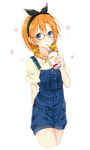  absurdres alternate_hairstyle bespectacled blue_eyes blush bow cowboy_shot cropped_legs drink drinking glasses hair_bow hairband highres holding kousaka_honoka love_live! love_live!_school_idol_project orange_hair overalls red-framed_eyewear scrunchie semi-rimless_eyewear shiina_kuro simple_background solo suspenders twintails under-rim_eyewear white_background 