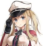  :t black_gloves blonde_hair blue_eyes breasts capelet commentary gloves graf_zeppelin_(kantai_collection) hand_on_headwear hat kantai_collection large_breasts long_hair looking_at_viewer military military_uniform rikoma simple_background solo twintails uniform upper_body white_background 