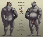  2016 5_toes alabaster anthro balls beard belly biceps big_belly brown_hair digital_media_(artwork) english_text facial_hair flaccid gradient_background grey_skin hair hand_on_hip hi_res horn humanoid_penis looking_at_viewer male mammal model_sheet muscular muscular_male navel nipple_piercing nipples nude pecs penis piercing pointy_ears pubes rhinoceros rov shadow signature simple_background slightly_chubby smile solo standing tail_tuft tattoo text toes tuft uncut 