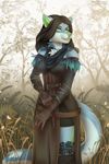  2016 anthro belt black_hair blue_fur breasts canine clothed clothing cosplay effie_(thearchitect17) english_text female fur gloves grass green_eyes green_nose hair legwear mammal outside solo text the_witcher tree tril-mizzrim white_fur yennefer 
