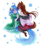  absurdres ahoge animal_ears bare_shoulders blue_eyes blue_hair brown_hair eye_contact flower hair_flower hair_ornament head_fins highres holding_hands imaizumi_kagerou long_hair looking_at_another mermaid monster_girl multiple_girls off_shoulder open_mouth pantyhose red_eyes tail totoharu_(kujirai_minato) touhou wakasagihime wolf_ears wolf_tail 