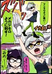  aori_(splatoon) arm_up armpits boots clenched_hand comic commentary_request dress earrings emphasis_lines eyebrows_visible_through_hair gloves green_legwear highres hotaru_(splatoon) jewelry mole mole_under_eye motion_lines open_mouth pointy_ears pose sharp_teeth skirt_hold sparkle_print speech_bubble splatoon_(series) splatoon_1 strapless strapless_dress symbol-shaped_pupils teeth translation_request usa_(dai9c_carnival) white_gloves 
