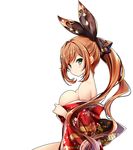  bare_shoulders black_bow blush bow breasts clarisse_(granblue_fantasy) closed_mouth floral_print granblue_fantasy green_eyes hair_bow japanese_clothes kimono large_breasts looking_at_viewer looking_to_the_side off_shoulder open_clothes open_kimono orange_hair ponytail sideboob single_hair_intake sitting solo undressing zinno 