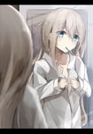  blonde_hair blue_eyes buttons collarbone door hair_between_eyes highres kantai_collection long_hair mirror miyabino_(miyabi1616) mouth_hold naked_shirt shirt solo u-511_(kantai_collection) undressing upper_body 