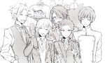  asselin_bb_ii braid cafe_parade cardigan chef_uniform diploma eyepatch gakuran hair_over_one_eye idolmaster idolmaster_side-m jacket kamiya_yukihiro looking_to_the_side male_focus mizushima_saki monochrome multiple_boys open_clothes open_jacket school_uniform shinonome_souichirou smile stuffed_animal stuffed_bunny stuffed_toy tray urahara uzuki_makio v waiter wavy_hair 