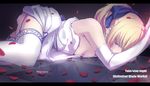  arms_up artist_name artoria_pendragon_(all) bangs bare_shoulders blonde_hair blue_bow blue_eyes blurry blush bow checkered checkered_floor dress eyebrows eyebrows_visible_through_hair fate/stay_night fate_(series) garter_straps gloves glowing hair_bow letterboxed lying magicians_(zhkahogigzkh) motion_blur off_shoulder on_floor on_side open_mouth petals ponytail reflection saber saliva sidelocks solo sweat thighhighs white_dress white_gloves white_legwear 