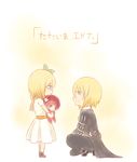  1girl belt blonde_hair blue_eyes blush boots brother_and_sister coat doll dress edna_(tales) eizen_(tales) pants ribbon shoes short_hair smile tales_of_(series) tales_of_berseria tales_of_zestiria 