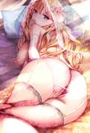  ass bare_shoulders bianca blonde_hair blue_eyes blush breasts dragon_quest dragon_quest_v fishnet_legwear fishnets floral_print flower garter_straps gloves hair_flower hair_ornament highres large_breasts long_hair looking_at_viewer looking_back lying modern_afro nipples panties pillow pink_legwear pink_panties solo thighhighs underwear veil wavy_hair 