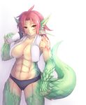  abs ahoge bangs blush breasts cowboy_shot dragon_girl dunceneygak gradient gradient_background granberia heavy_breathing highres large_breasts looking_at_viewer mon-musu_quest! monster_girl muscle muscular_female panties parted_lips red_hair scales simple_background slit_pupils smile solo standing sweat tail underwear yellow_eyes 