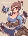  beads belt belt_pouch black-framed_eyewear blue_gloves boots breasts brown_background brown_eyes brown_hair canister canteen cleavage coat collarbone copyright_name dress drone floating fur_coat fur_trim glasses gloves gun hair_bun hair_ornament hair_stick hose ibukichi large_breasts looking_at_viewer mei_(overwatch) open_mouth overwatch parka plump pouch robot short_hair simple_background sitting snowball_(overwatch) solo spiked_boots spikes sweat sweatdrop tank_top utility_belt wariza weapon winter_clothes winter_coat 