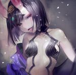  bare_shoulders bob_cut breasts collarbone fang fate/grand_order fate_(series) highres horns japanese_clothes jewelry kimono looking_at_viewer off_shoulder oni oni_horns open_clothes open_kimono open_mouth petals purple_eyes purple_hair short_hair shuten_douji_(fate/grand_order) small_breasts solo teeth tomatika tongue upper_body 