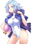  blue_eyes blue_hair competition_swimsuit covered_navel hood hooded_jacket jacket kumoi_ichirin mendou_saya one-piece_swimsuit open_clothes open_jacket solo swimsuit touhou 