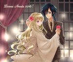  1girl 2016 alternate_costume blush boutonniere code_geass code_geass:_boukoku_no_akito commentary_request couple cowboy_shot curtains flower formal french hair_flower hair_ornament hand_on_another's_head happy_new_year hetero holding_hands hyuuga_akito interlocked_fingers japanese_clothes kimono komaichi leila_(code_geass) long_sleeves looking_at_viewer new_year obi sash smile suit wide_sleeves window yukata 