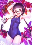  amayadori_machi apple bespectacled black_hair blush breasts brown_eyes covered_navel food fruit glasses kumamiko long_hair looking_at_viewer mushroom one-piece_swimsuit open_mouth school_swimsuit semi-rimless_eyewear small_breasts solo swimsuit teruru twintails watch wristwatch 
