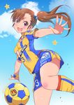  ball blush breasts brown_eyes brown_hair cloud commentary_request day futami_mami hair_bobbles hair_ornament highres idolmaster idolmaster_(classic) inoue_sora j._league kneehighs long_hair looking_at_viewer medium_breasts open_mouth shirt shorts side_ponytail sky smile soccer soccer_ball soccer_uniform solo sportswear star striped sweat vegalta_sendai 