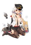  &gt;_&lt; :d @_@ anchor armband bangs belt between_breasts black_hat black_jacket black_legwear black_neckwear black_skirt blush breasts broken burnt_clothes choker cleavage closed_eyes collarbone collared_shirt dress_shirt epaulettes eyelashes flight_deck full_body graf_zeppelin_(zhan_jian_shao_nyu) hair_between_eyes hat highres jacket large_breasts long_sleeves looking_at_viewer loose_necktie machinery miniskirt navel necktie off_shoulder official_art one_eye_closed open_clothes open_jacket open_mouth open_shirt panties panties_under_pantyhose pantyhose pantyshot pantyshot_(sitting) peaked_cap pencil_skirt red_eyes riding_crop rigging rudder_shoes shirt sitting skirt sleeveless sleeveless_shirt smile smoke solo stomach suika01 sweat thighband_pantyhose torn_clothes torn_legwear torn_shirt torn_skirt underwear untied white_hair white_panties white_shirt zhan_jian_shao_nyu 