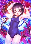  amayadori_machi apple bespectacled black_hair blush breasts brown_eyes covered_navel food fruit glasses kumamiko long_hair looking_at_viewer mushroom one-piece_swimsuit open_mouth semi-rimless_eyewear small_breasts solo swimsuit teruru twintails watch wristwatch 