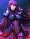  bodysuit breasts covered_navel fate/grand_order fate_(series) gae_bolg highres holding holding_weapon large_breasts long_hair parted_lips pauldrons polearm purple_bodysuit purple_hair red_eyes scathach_(fate)_(all) scathach_(fate/grand_order) solo spear weapon yurizuka_(sergeant_heart) 