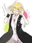  bad_id bad_pixiv_id blonde_hair cosplay earrings idolmaster idolmaster_side-m iseya_shiki iseya_shiki_(cosplay) jewelry male_focus mmamee pierre_(idolmaster) purple_eyes solo 