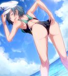  adjusting_clothes adjusting_swimsuit aqua_eyes ass bent_over black_hair cloud competition_swimsuit day from_behind hat mendou_saya murasa_minamitsu one-piece_swimsuit open_mouth sailor_hat sky solo swimsuit touhou wet 