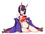  alcohol ankle_ribbon arm_support bare_legs barefoot barefoot_sandals blush breasts cup fate/grand_order fate_(series) highres horns japanese_clothes jewelry kimono kiyuu_kuroneko looking_at_viewer midriff navel off_shoulder oni oni_horns open_mouth purple_eyes purple_hair ribbon sakazuki sake short_hair shuten_douji_(fate/grand_order) sitting small_breasts smile solo yokozuwari 