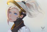  armor artist_name blonde_hair blue_eyes bodysuit dated emblem face high_ponytail lipstick long_hair looking_at_viewer makeup mechanical_halo mercy_(overwatch) overwatch parted_lips pink_lips ponytail short_hair solo 